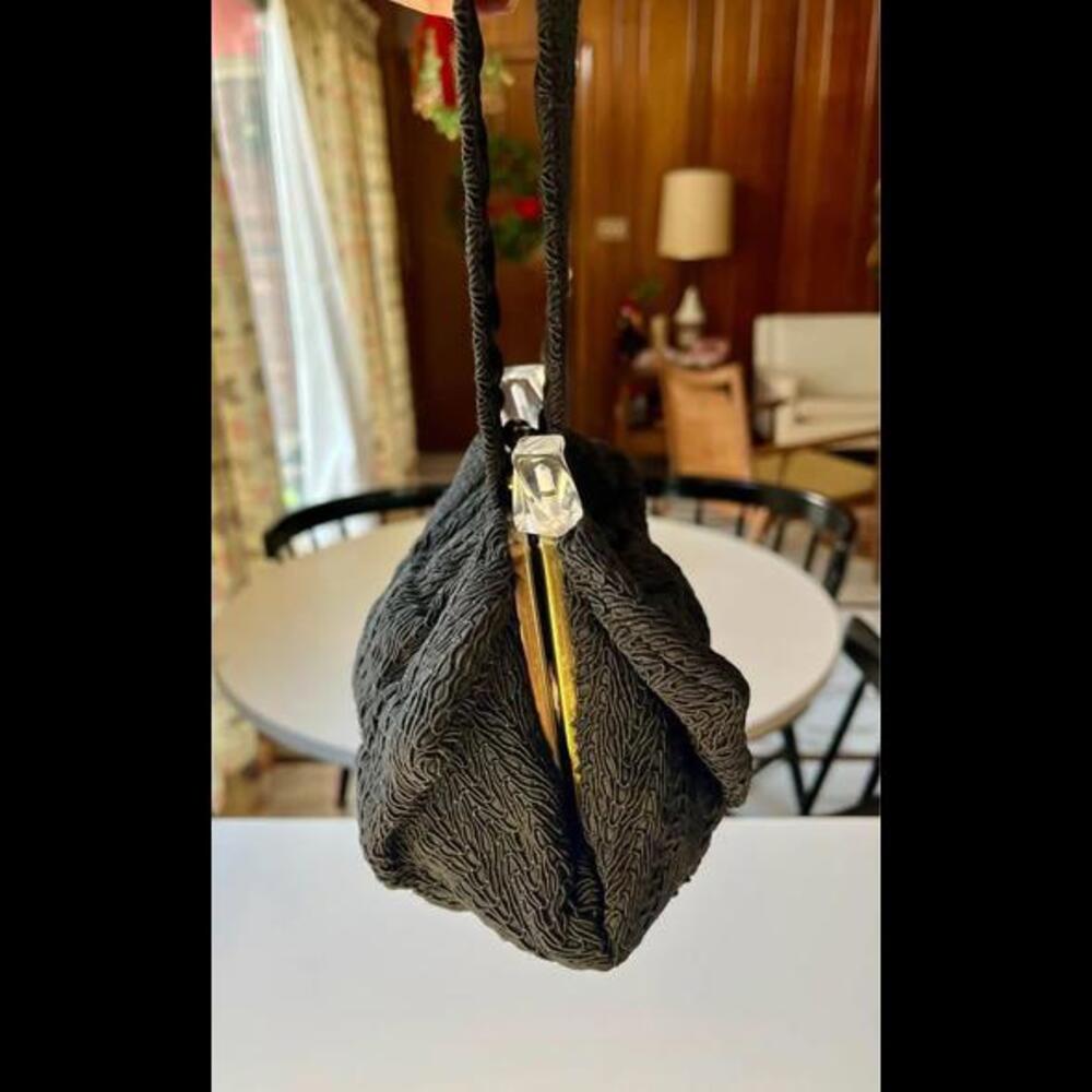 Vintage Black Wrist Handbag Clear Lucite Handles 1950s 1960s